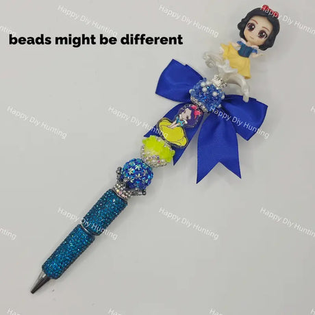 Decorative premade bead pen with Snow White princess figurine topper, satin bow accessories, multi crystal rhinestone beads, bulk wholesale craft bling pen