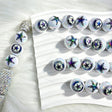 Round acrylic focal beads featuring a sporty DC star logo design. Vibrant, durable, and smooth, perfect for beadable pens, keychains, and handmade crafts.