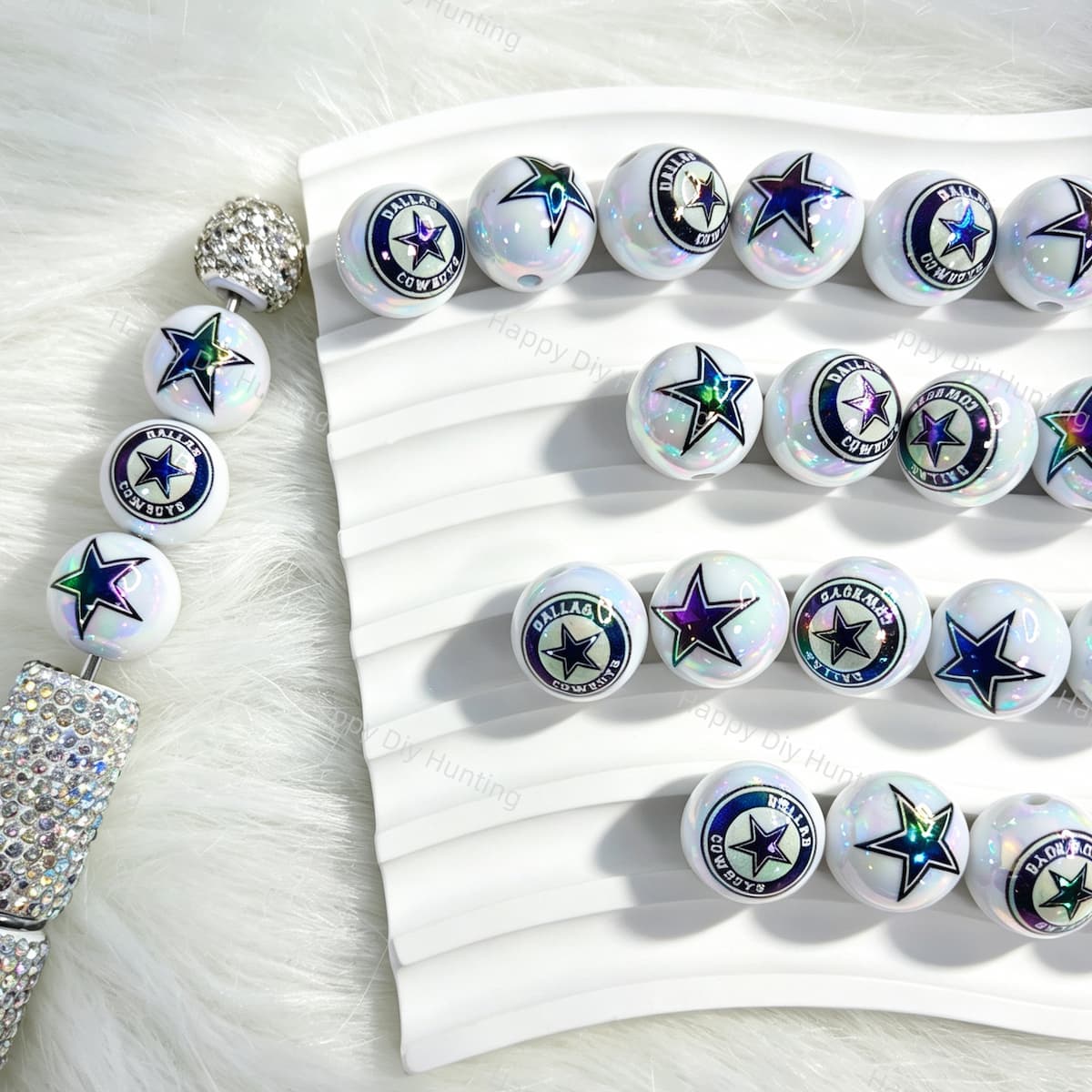 Round acrylic focal beads featuring a sporty DC star logo design. Vibrant, durable, and smooth, perfect for beadable pens, keychains, and handmade crafts.