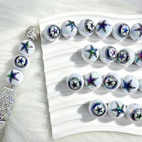 Round acrylic focal beads featuring a sporty DC star logo design. Vibrant, durable, and smooth, perfect for beadable pens, keychains, and handmade crafts.