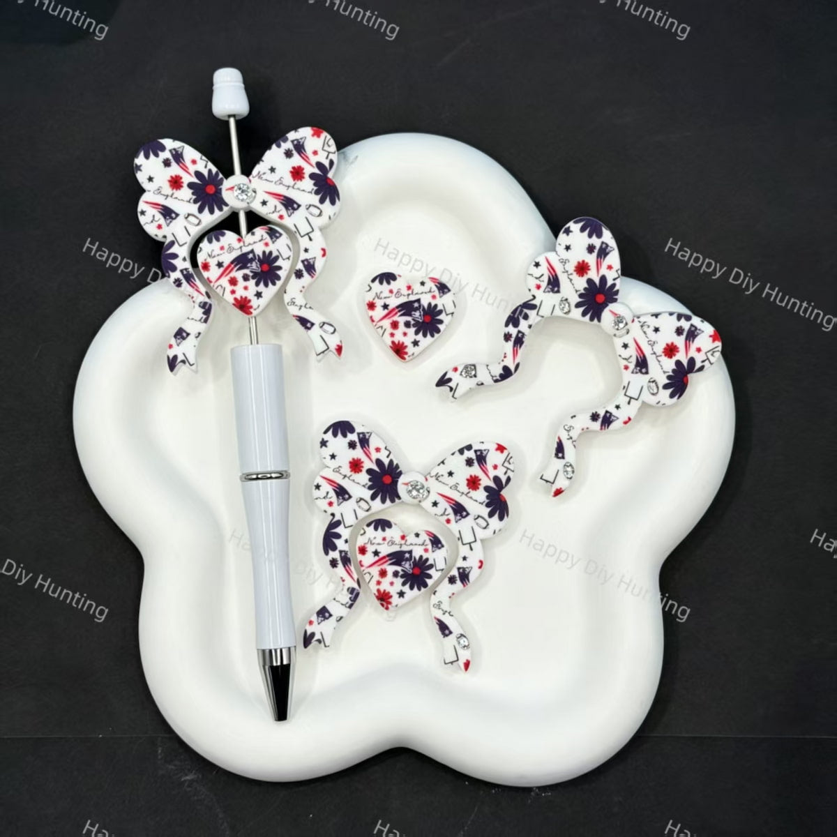 Sports team football bow heart silicone focal beads, red blue floral print large hole beads for beadable pen DIY craft