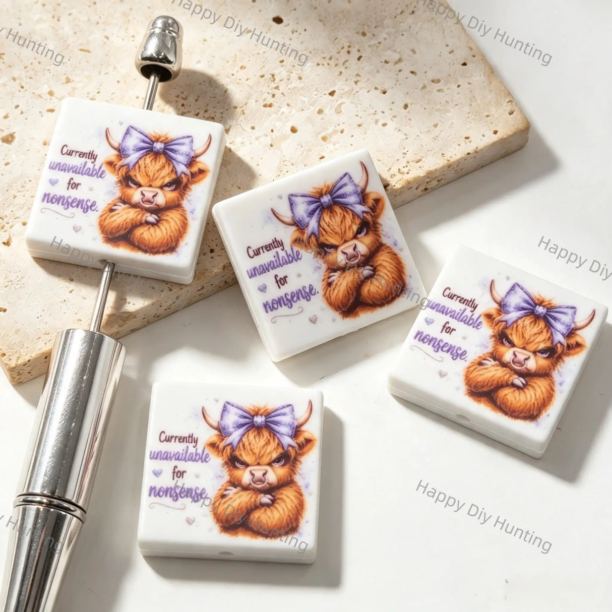 Purple Bow Highland Cow Slogan Square Acrylic Focal Beads for DIY beadable pen crafts