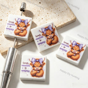 Purple Bow Highland Cow Slogan Square Acrylic Focal Beads for DIY beadable pen crafts
