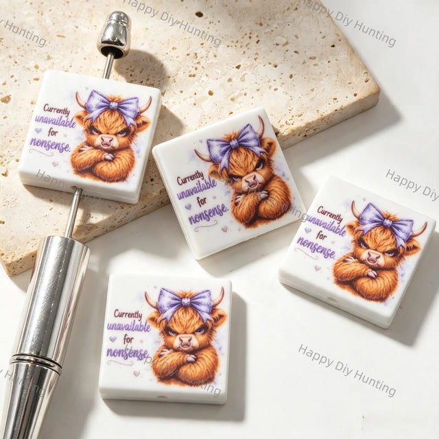 Purple Bow Highland Cow Slogan Square Acrylic Focal Beads for DIY beadable pen crafts