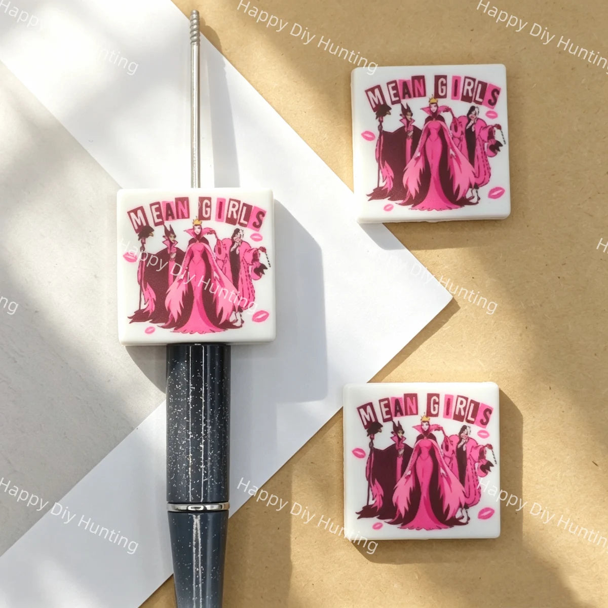 Square Pink Purple Villain Character Quote Silicone Focal Beads for DIY Beadable Pens