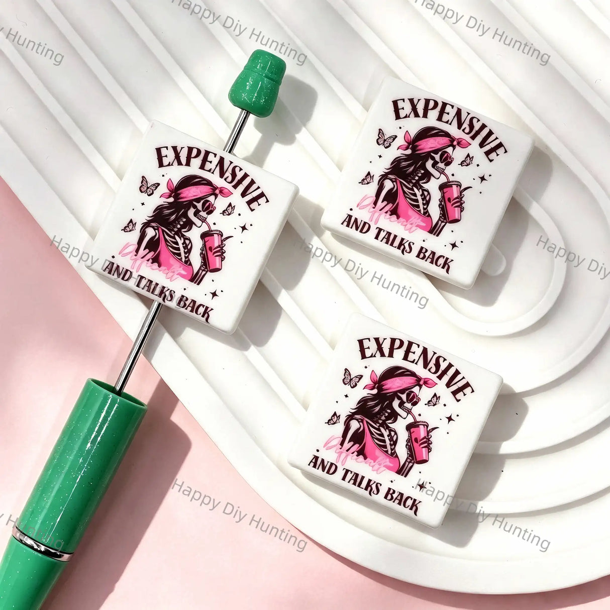 Square Pink Bandana Skeleton With Coffee Cup Butterfly Trendy Slogan Silicone Focal Beads, large hole decorative beads for DIY beadable pen