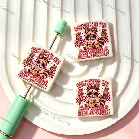 Square Leopard Lightning Raccoon With Iced Coffee Funny Slogan Silicone Focal Beads, large hole decorative beads for DIY beadable pen