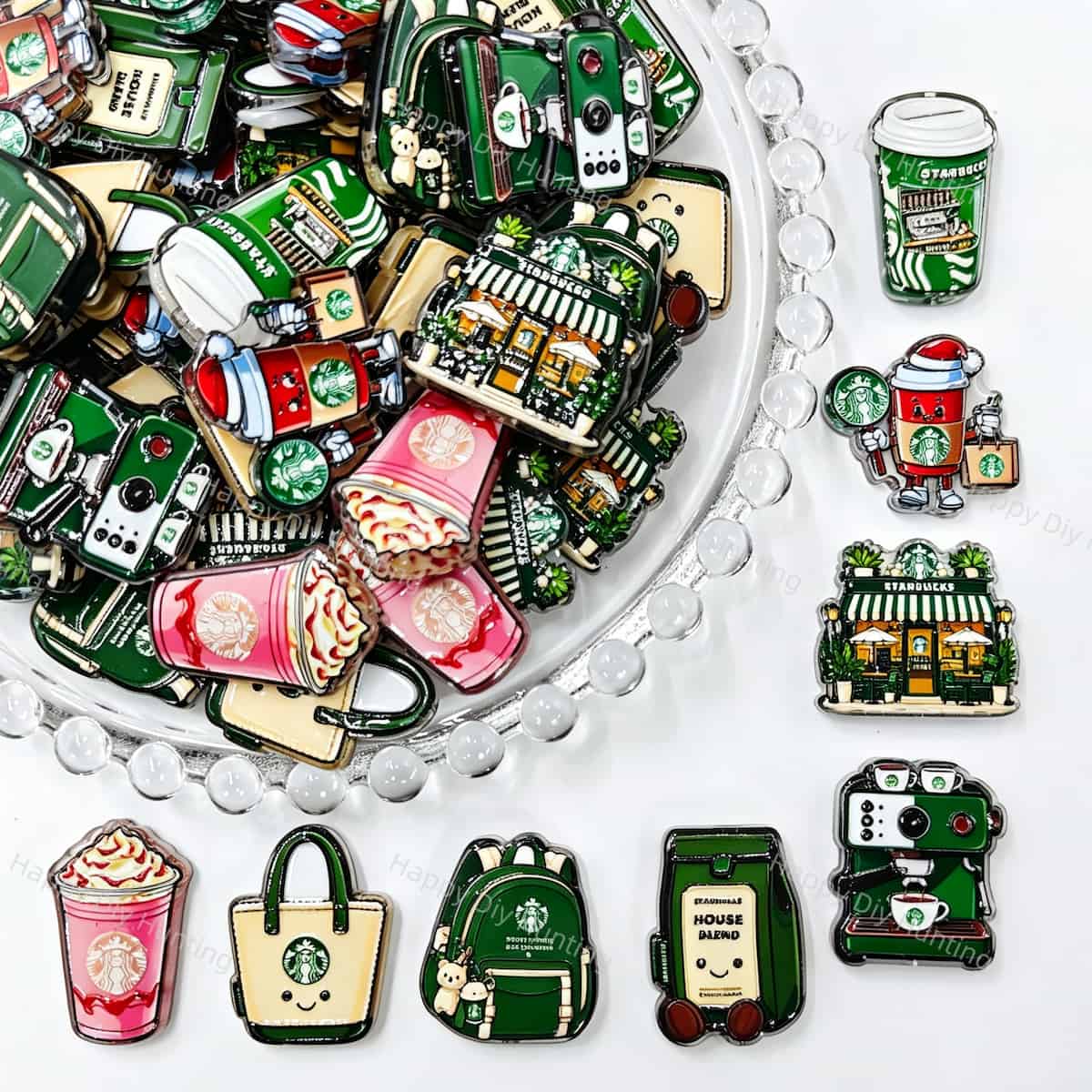 Acrylic focal beads featuring a mix of coffee-themed designs, including cups, storefronts, espresso machines, and backpacks. Lightweight, colorful, and durable, perfect for beadable pens, keychains, and handmade crafts.