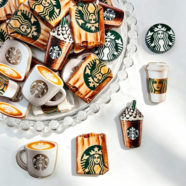 Acrylic focal beads featuring a mix of coffee drink cup print designs. Lightweight, colorful, and durable, perfect for beadable pens, keychains, and handmade crafts.