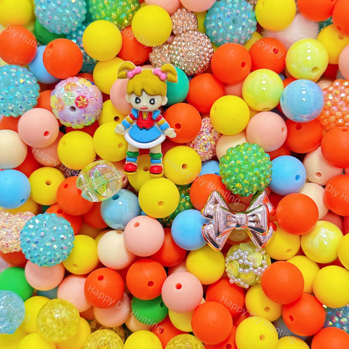 Sunshine bright Silicone & Acrylic bead mix closeup, vibrant yellow orange blue mixed bead set for diy beadable pens