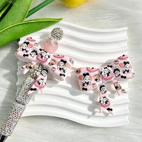 Pink bow-shaped silicone focal beads featuring a sweet cartoon bunny design. Soft, durable, and flexible, perfect for beadable pens, keychains, and handmade crafts.