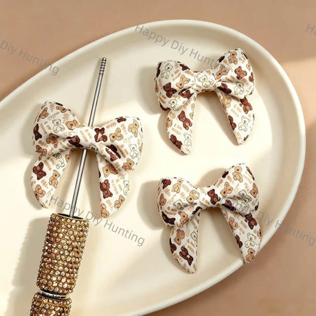 Neutral Bear Print Bow Silicone Pen Toppers, kawaii printed bow decorations for DIY beadable pen and handmade craft supplies