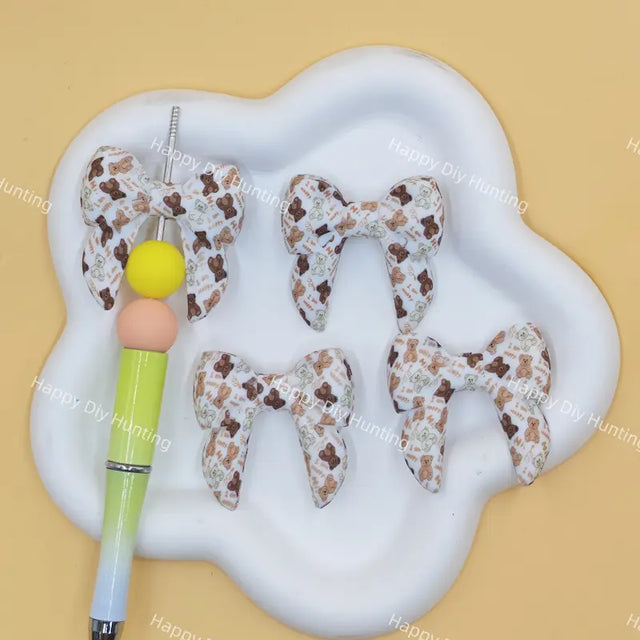 Cartoon bear printed bow silicone focal beads for custom beaded pen making