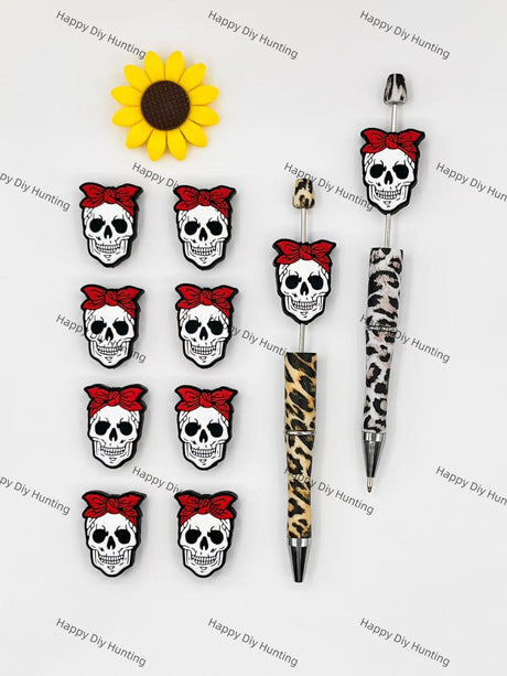 The Skull With A Red Flower Silicone Focal Beads Wholesale, silicone focal beads for pens