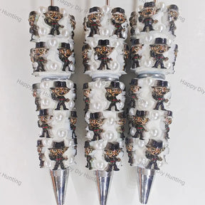pre‑assembled top‑hat horror‑style 3D character figurine beadable pens, white base decorated with faux pearls, spooky halloween themed craft ballpoint pens bulk
