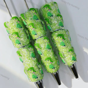 vibrant lime green whimsical cartoon character print beadable pens for diy silicone focal bead craft wholesale