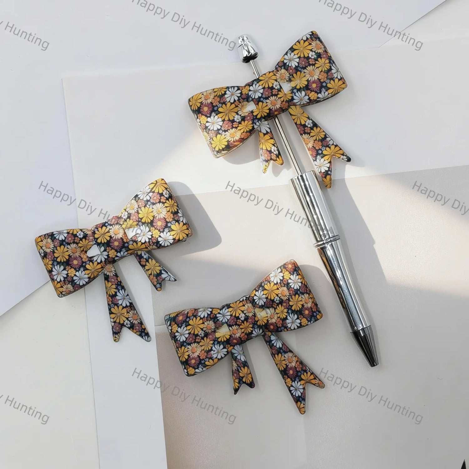vintage daisy floral print bow silicone focal beads for diy beadable pen & handmade craft wholesale