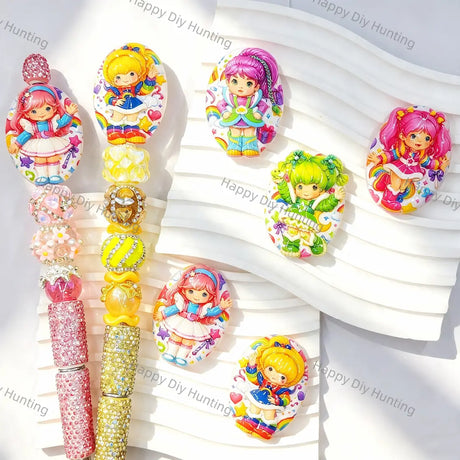 Vintage rainbow star cloud print oval acrylic focal beads with multi-color hair cute girl pattern for diy handmade beadable pens wholesale