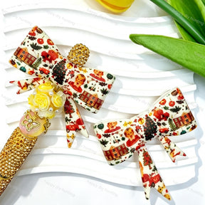Vintage christmas print silicone bow beads, large‑hole food‑grade silicone charms for DIY beadable pen craft