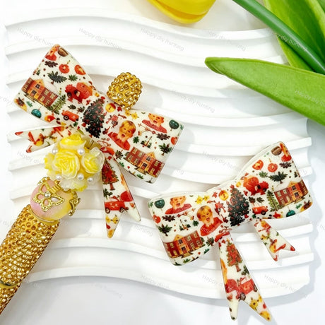 Vintage christmas print silicone bow beads, large‑hole food‑grade silicone charms for DIY beadable pen craft