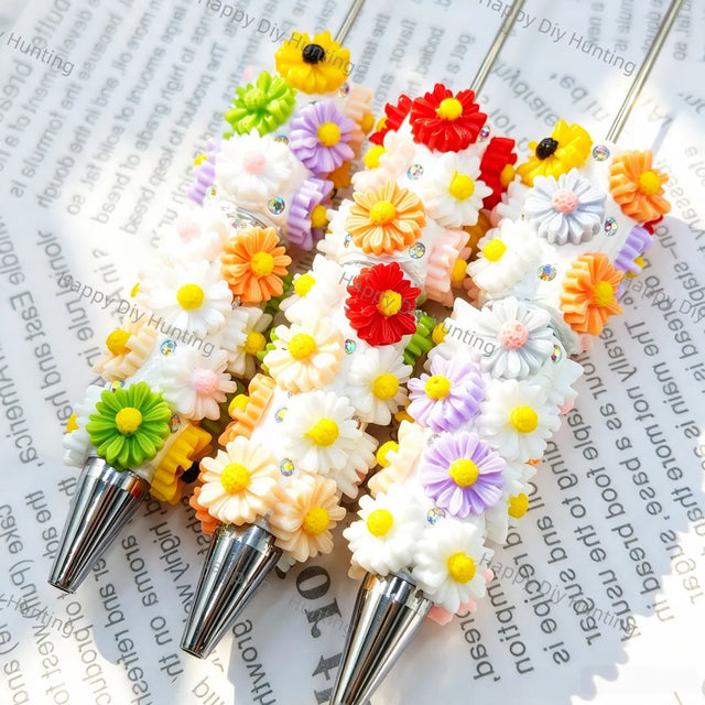 white base 3d multicolor daisy flower beadable pens with rhinestone accents for diy handmade floral stationery crafts wholesale