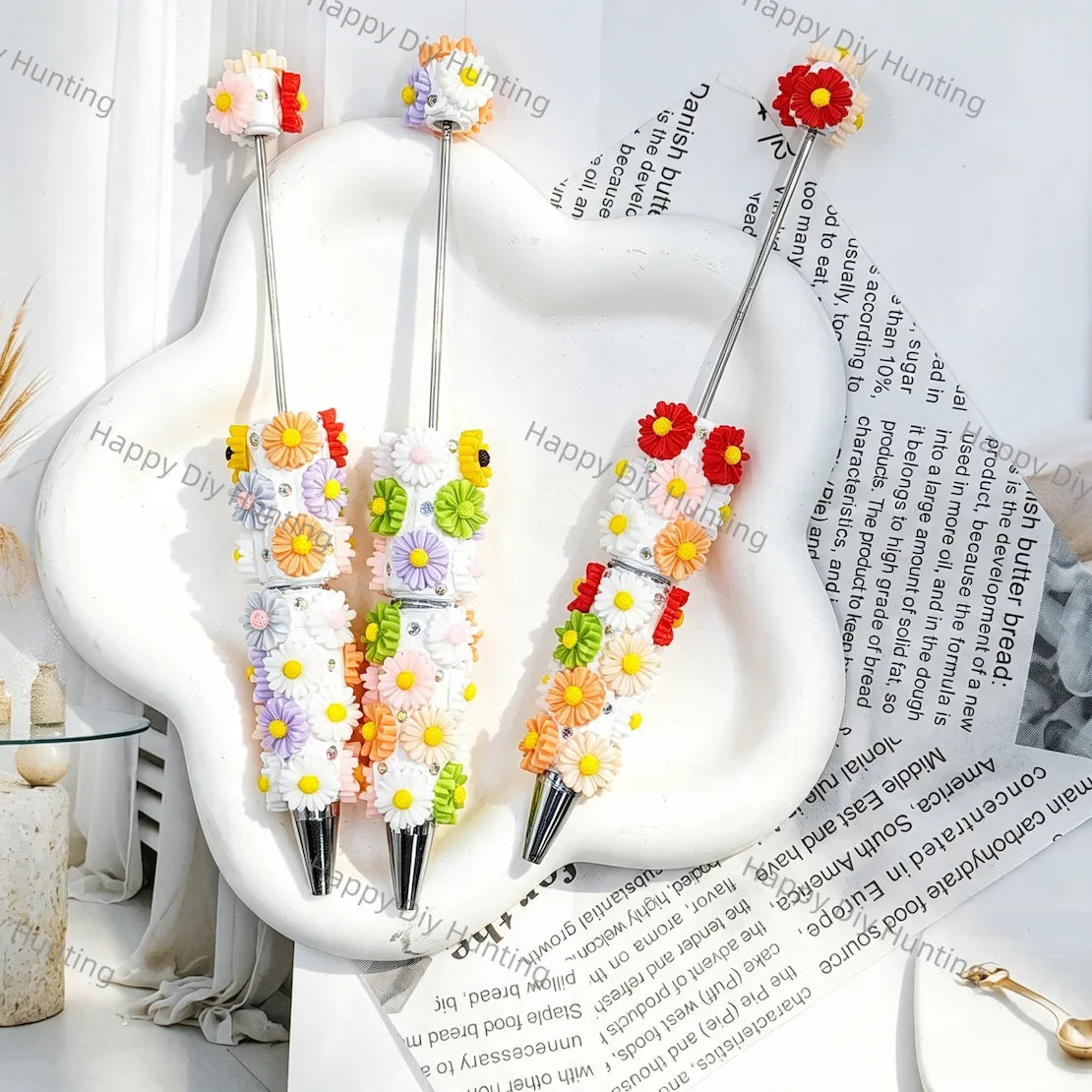 white base 3d multicolor daisy flower beadable pens with rhinestone accents for diy handmade floral stationery crafts wholesale