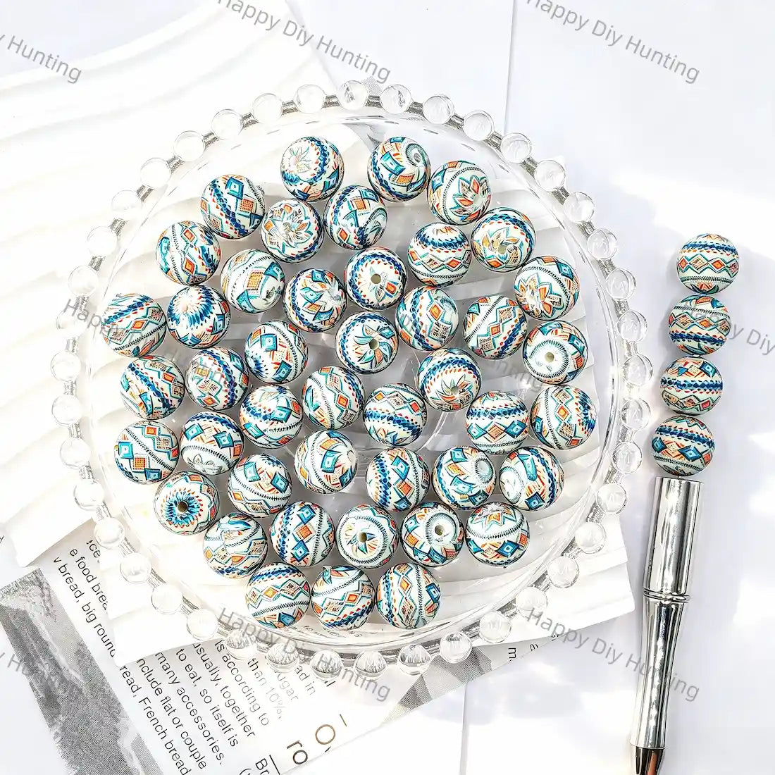 White base blue orange ethnic tribal geometric full print round silicone beads for diy handmade beadable pens wholesale boho craft accessories