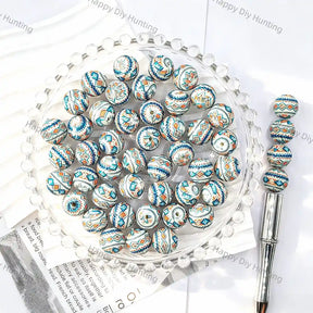 White base blue orange ethnic tribal geometric full print round silicone beads for diy handmade beadable pens wholesale boho craft accessories