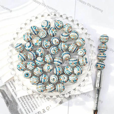 White base blue orange ethnic tribal geometric full print round silicone beads for diy handmade beadable pens wholesale boho craft accessories