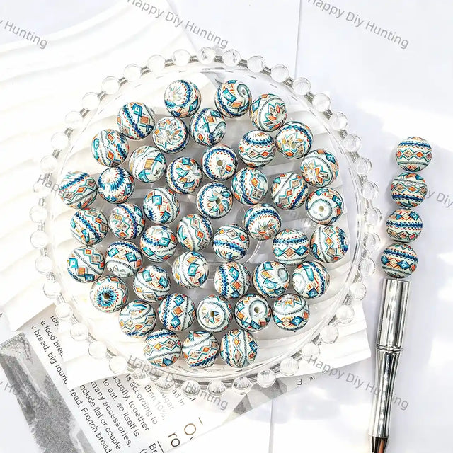 White base blue orange ethnic tribal geometric full print round silicone beads for diy handmade beadable pens wholesale boho craft accessories