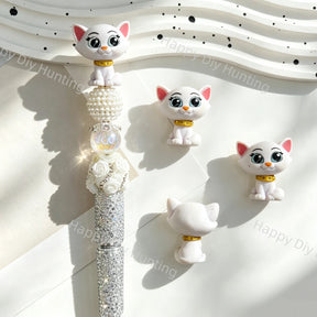 White Cartoon Kitten Gold Collar Mini Pen Topper for DIY Beadable Pens