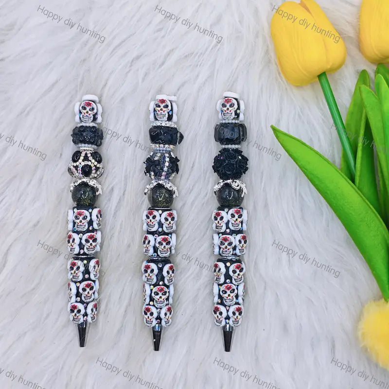 White Floral Sugar Skull Beadable Pens Wholesale, Beadable Pens Supplies2