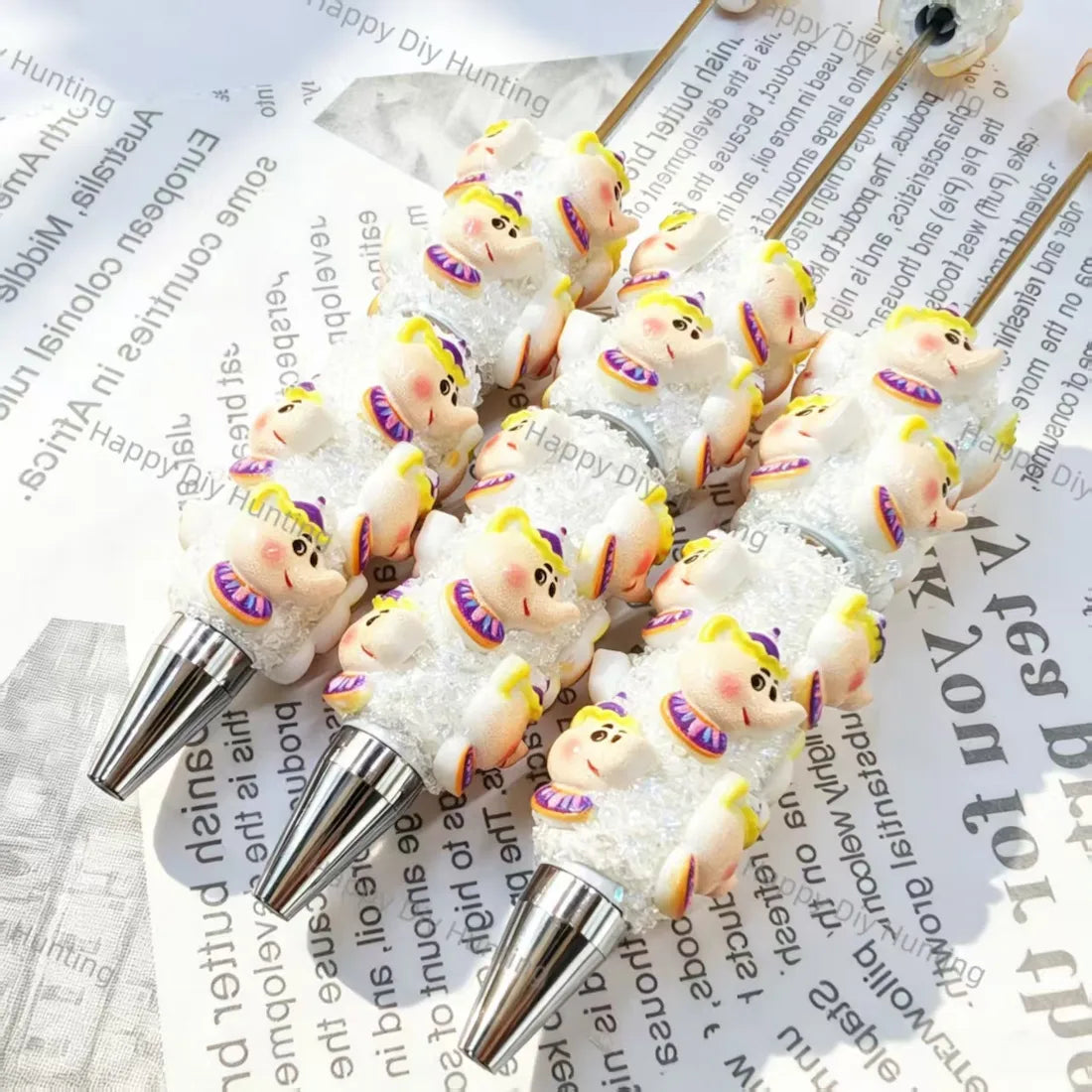 white glitter beadable pens with cute cartoon character charms for diy handmade stationery wholesale