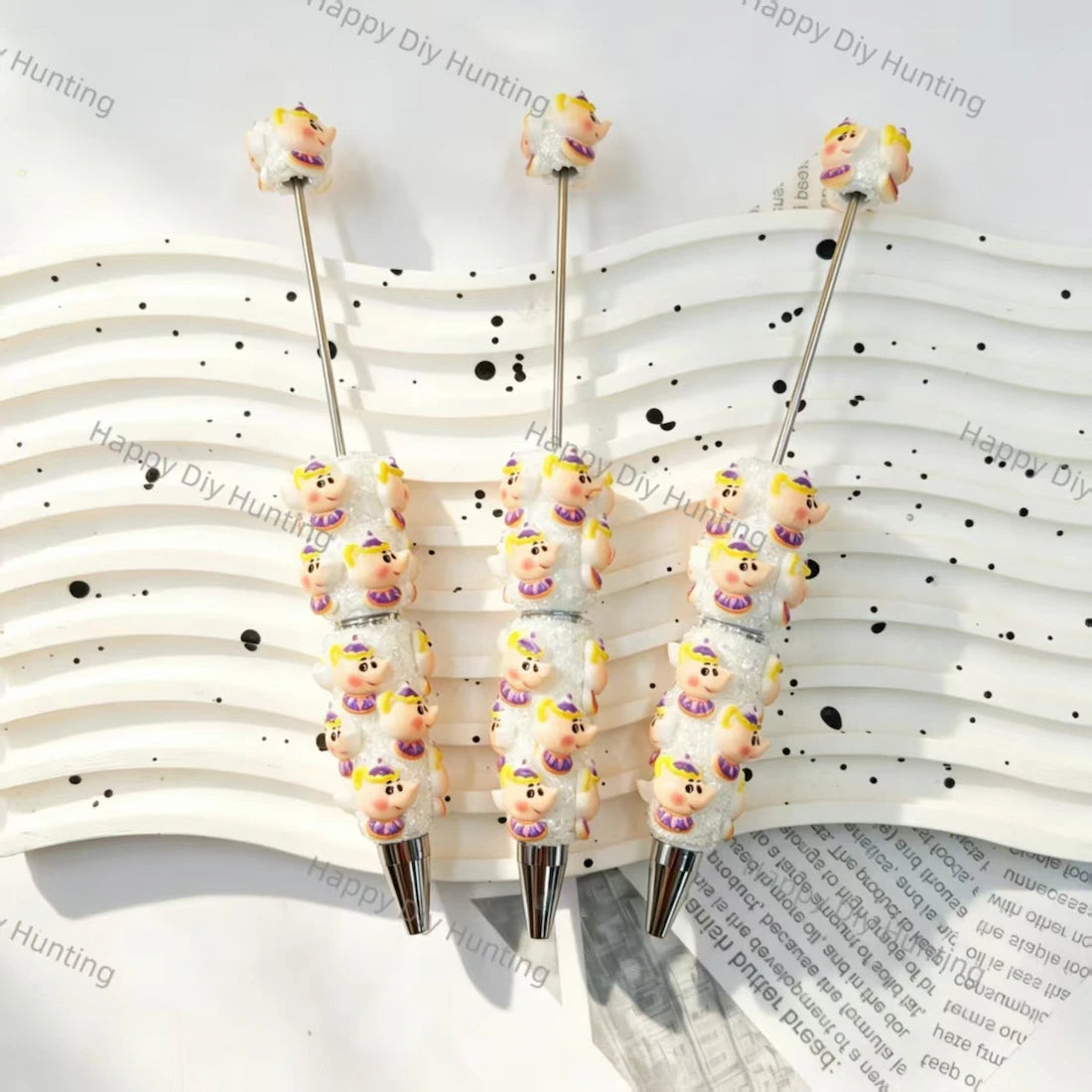 white glitter beadable pens with cute cartoon character charms for diy handmade stationery wholesale