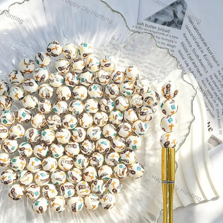 White base gold cross religious portrait full print round silicone beads for diy handmade beadable pens wholesale craft accessories