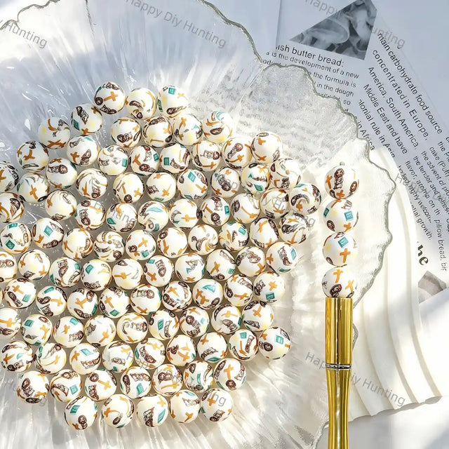 White base gold cross religious portrait full print round silicone beads for diy handmade beadable pens wholesale craft accessories