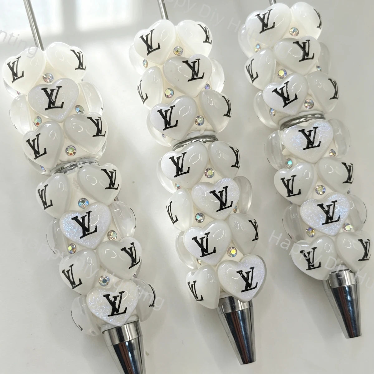 White Luxury LV Print Heart Beadable Pens Wholesale, Matches All Focal Beads & Pen Toppers