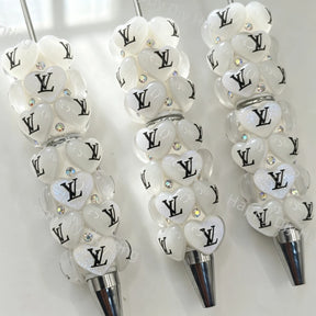 White Luxury LV Print Heart Beadable Pens Wholesale, Matches All Focal Beads & Pen Toppers