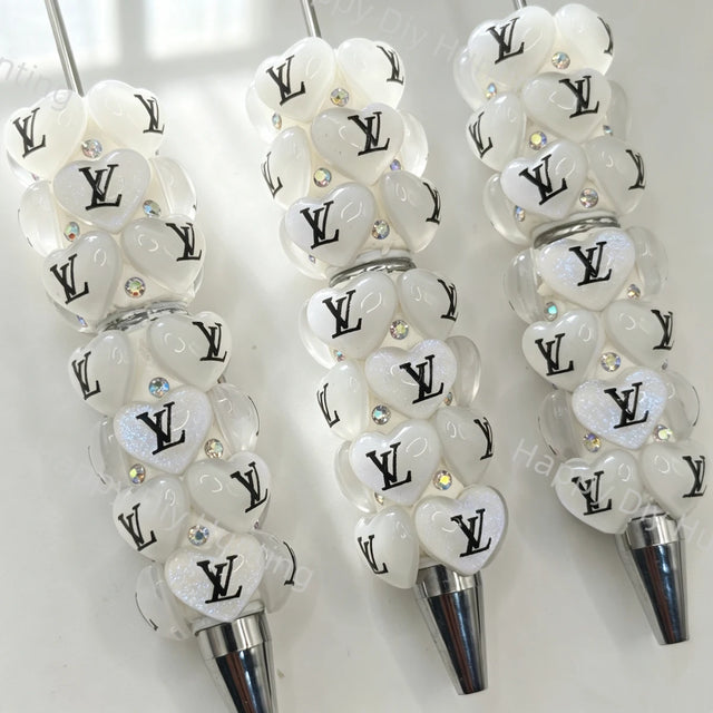 White Luxury LV Print Heart Beadable Pens Wholesale, Matches All Focal Beads & Pen Toppers