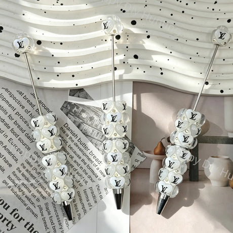 White Luxury LV Print Heart Beadable Pens Wholesale, Matches All Focal Beads & Pen Toppers