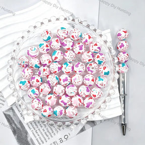 White base full print round silicone beads with pink purple teal heart lip hand doodle patterns for diy handmade beadable pen wholesale craft jewelry accessories