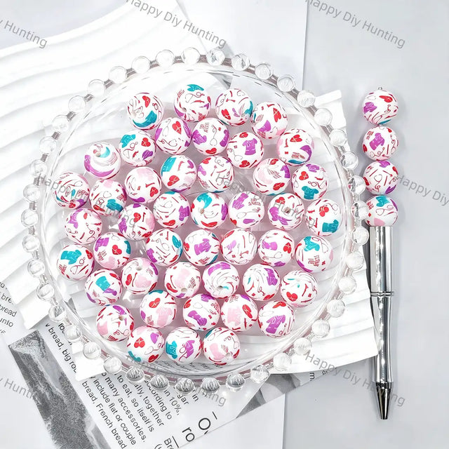 White base full print round silicone beads with pink purple teal heart lip hand doodle patterns for diy handmade beadable pen wholesale craft jewelry accessories