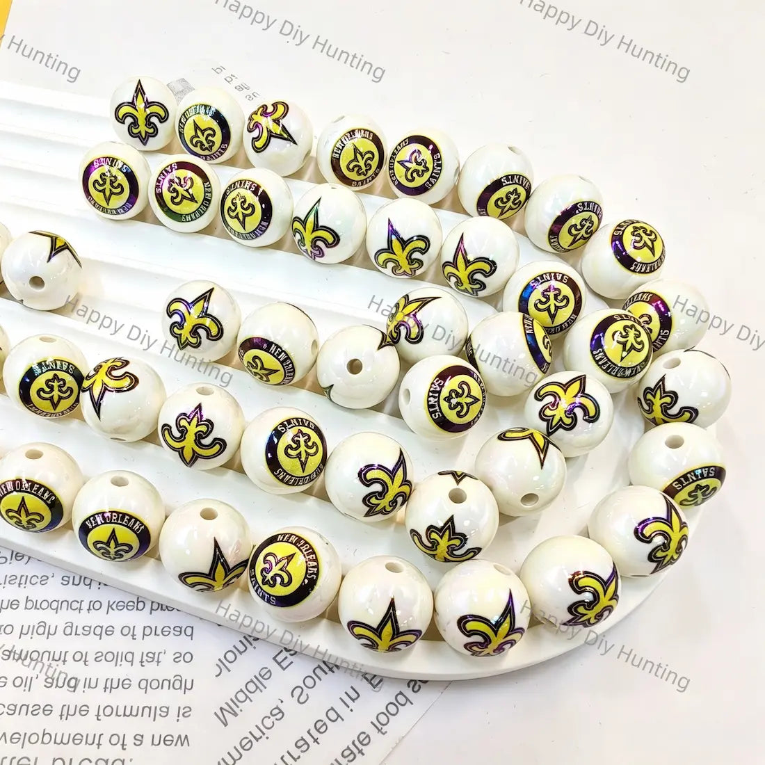 white round acrylic beads with purple gold fleur de lis print for diy beadable pen handmade craft wholesale
