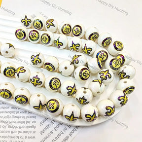 white round acrylic beads with purple gold fleur de lis print for diy beadable pen handmade craft wholesale