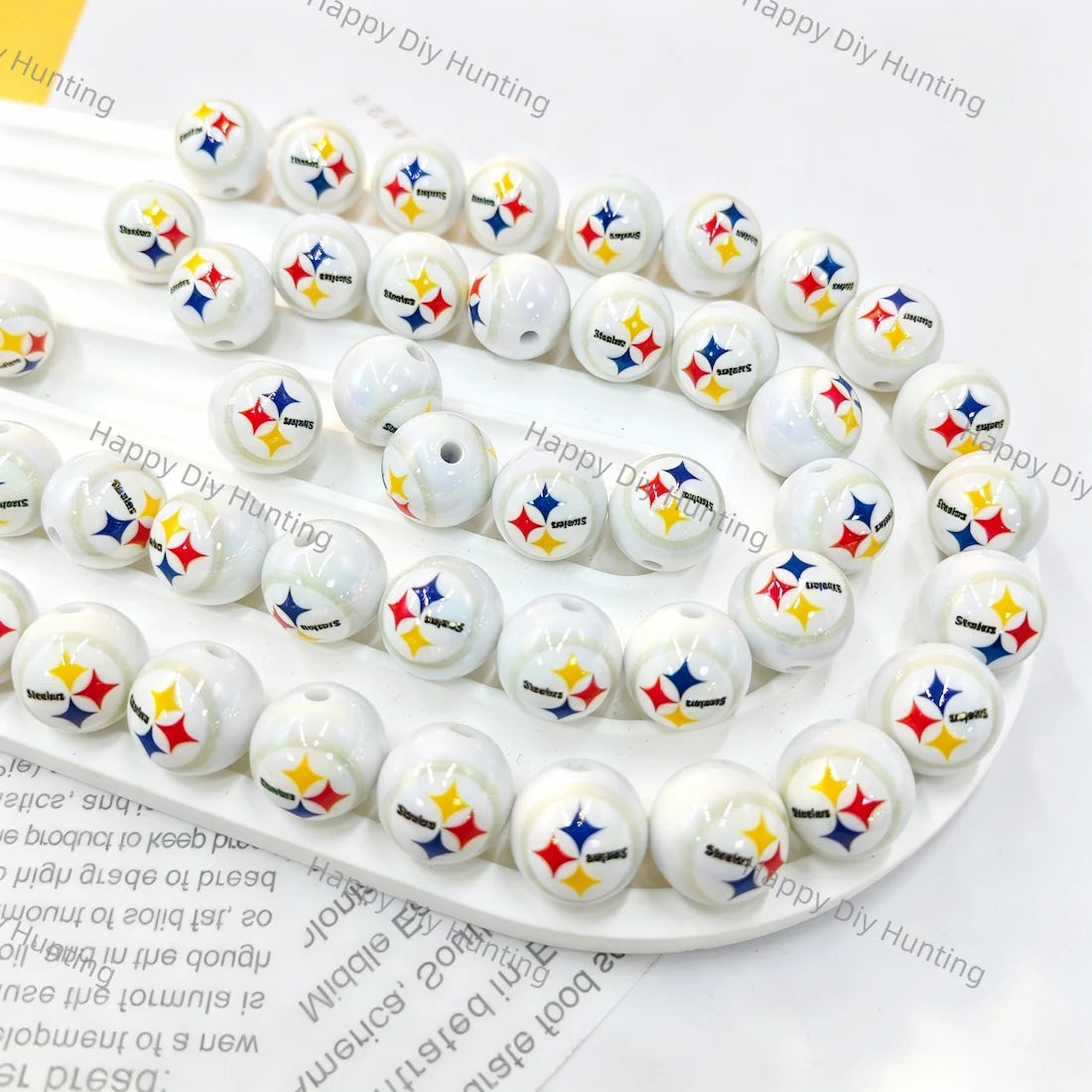 white round glossy acrylic beads with red blue yellow four point star print for diy beadable pen handmade craft wholesale