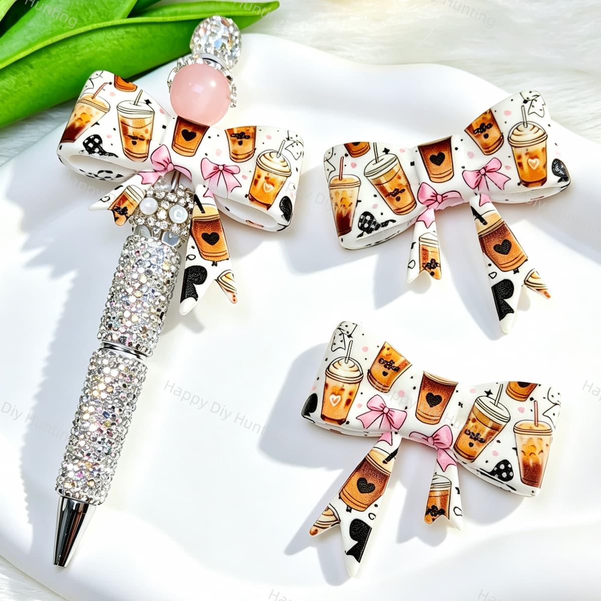 Bow-shaped silicone focal beads featuring a white cute iced coffee drink print design. Soft, durable, and flexible, perfect for beadable pens, keychains, and handmade crafts.