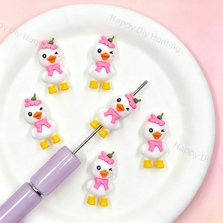 Winking Duck With Pink Bow Silicone Focal Beads, large hole cute animal beads for DIY beadable pen,
