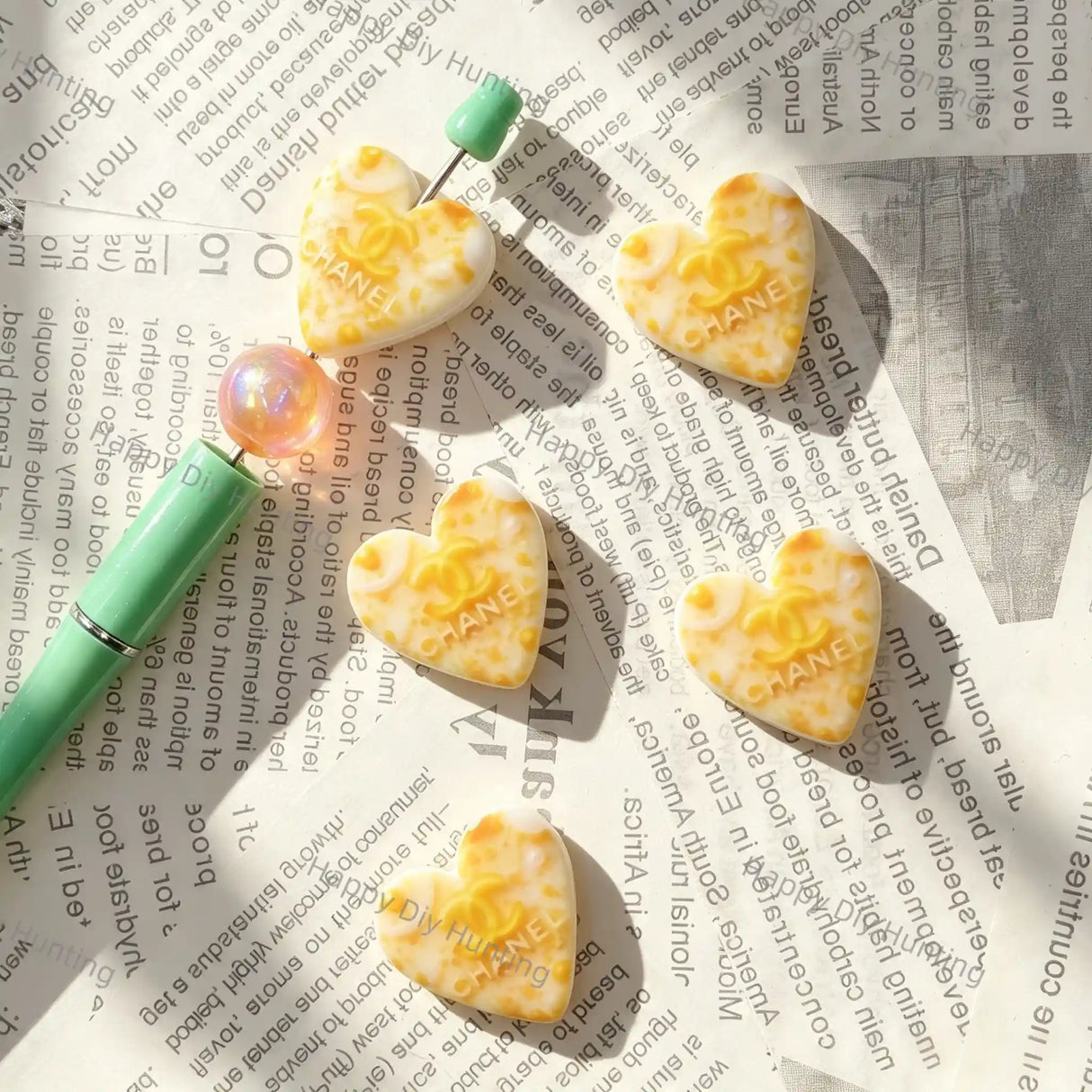 Yellow White Marble Swirl Heart Silicone Focal Beads, large hole decorative beads for DIY beadable pen, 