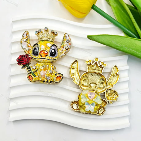 Yellow crown alien metal fancy bead with rhinestones shown from the front and back. The front features a colorful faceted alien design holding a rose, while the back shows a gold metal finish. Perfect for DIY beadable pens and crafts.