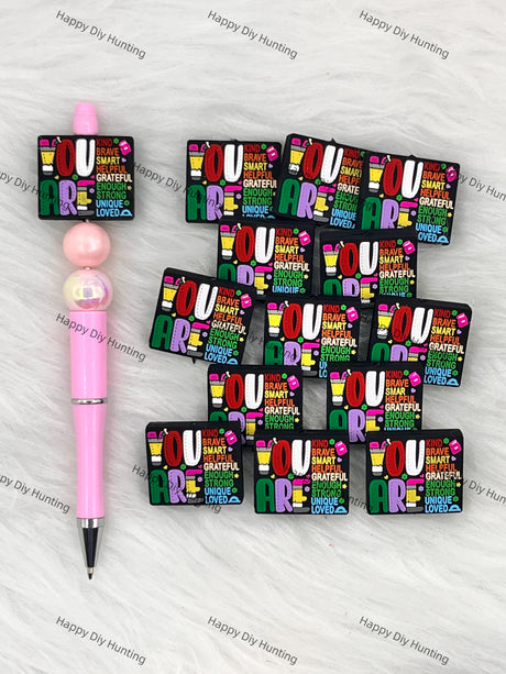 You Are Kind, Brave, Smart, Helpful, Greatful, Enough, Strong, Unique, Loved Silicone Focal Beads Wholesale, silicone focal beads for pens